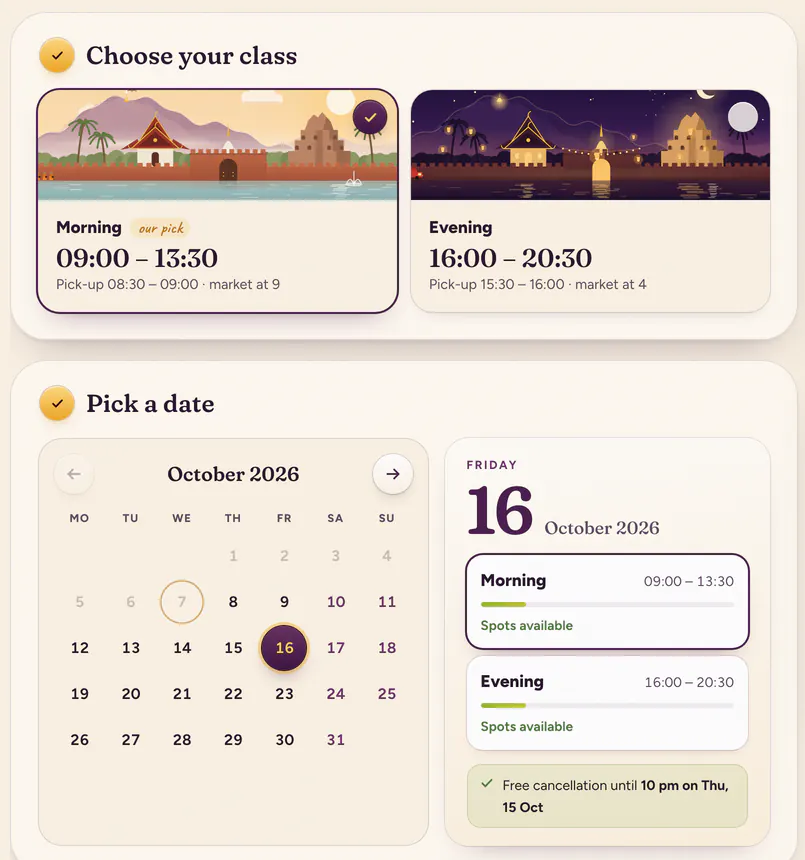 Booking prototype, light theme. Step 1, Choose your class, with Morning 09:00 to 13:30 selected. Step 2, Pick a date, with Friday 16 October 2026 selected and a note about free cancellation.