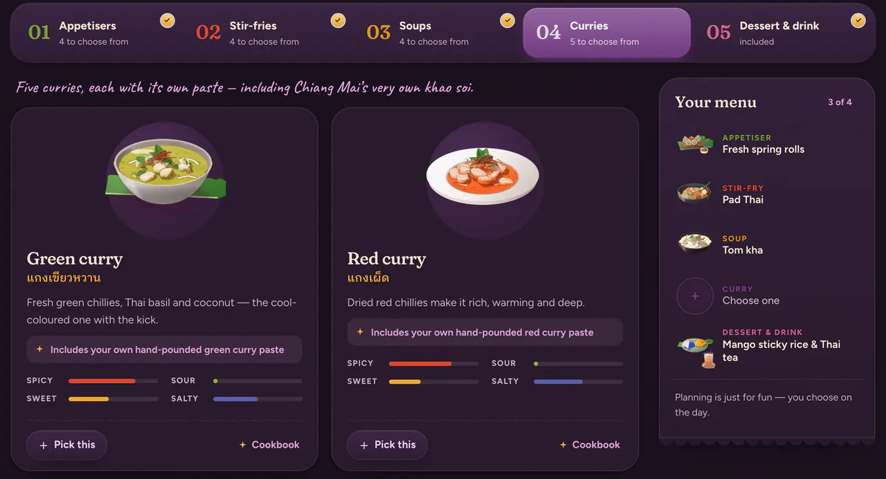 Passionfood menu planner, dark theme. Course tabs for appetisers, stir-fries, soups, curries and dessert; green curry and red curry cards with taste bars; a ‘Your menu’ card listing fresh spring rolls, Pad Thai and tom kha, three of four chosen.