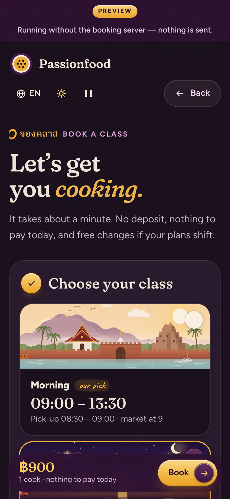 Booking page on a phone, dark theme, under a ‘Preview: running without the booking server, nothing is sent’ banner, with a pinned bar showing 900 baht and a Book button.